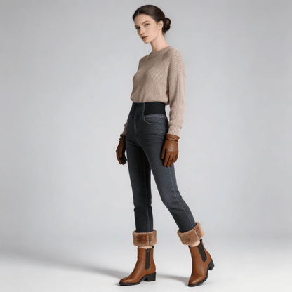Calça Jeans Feminina Montaria Peluciada + Meia Térmica