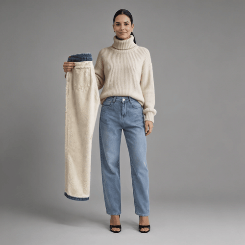 Calça Jeans Wide Leg Feminina Peluciada + Meia Térmica