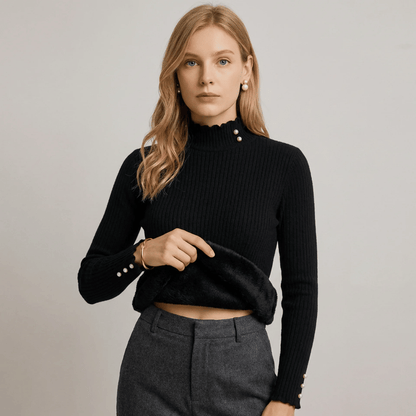 Suéter Feminino Cashmere Canelado com Botões Perolados