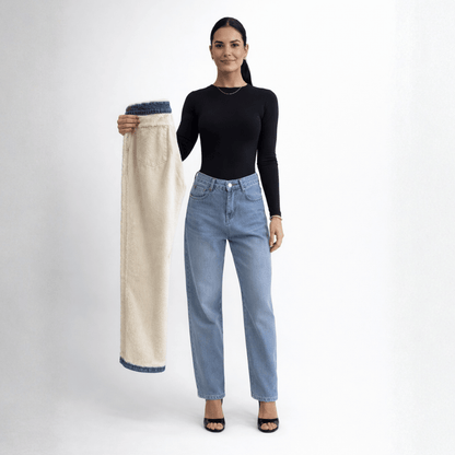 Calça Jeans Wide Leg Feminina Peluciada + Meia Térmica