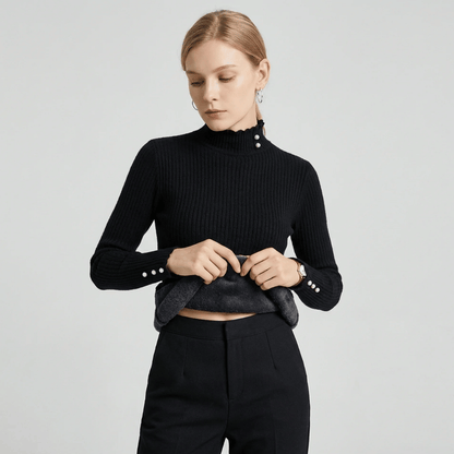 Suéter Feminino Cashmere Canelado com Botões Perolados