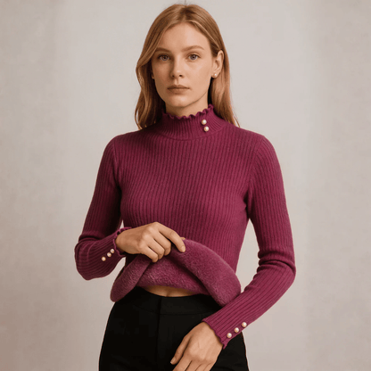 Suéter Feminino Cashmere Canelado com Botões Perolados