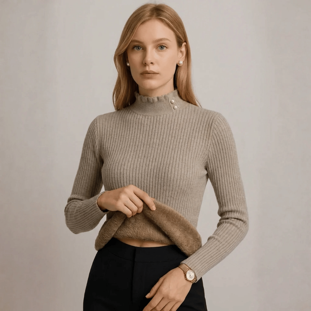 Suéter Feminino Cashmere Canelado com Botões Perolados