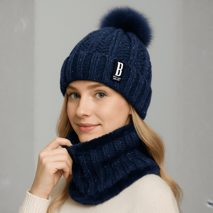 Conjunto Feminino Gola e Touca de Tricô Forrada com Pelúcia