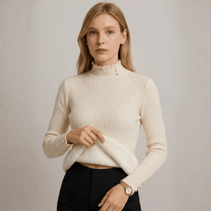 Suéter Feminino Cashmere Canelado com Botões Perolados