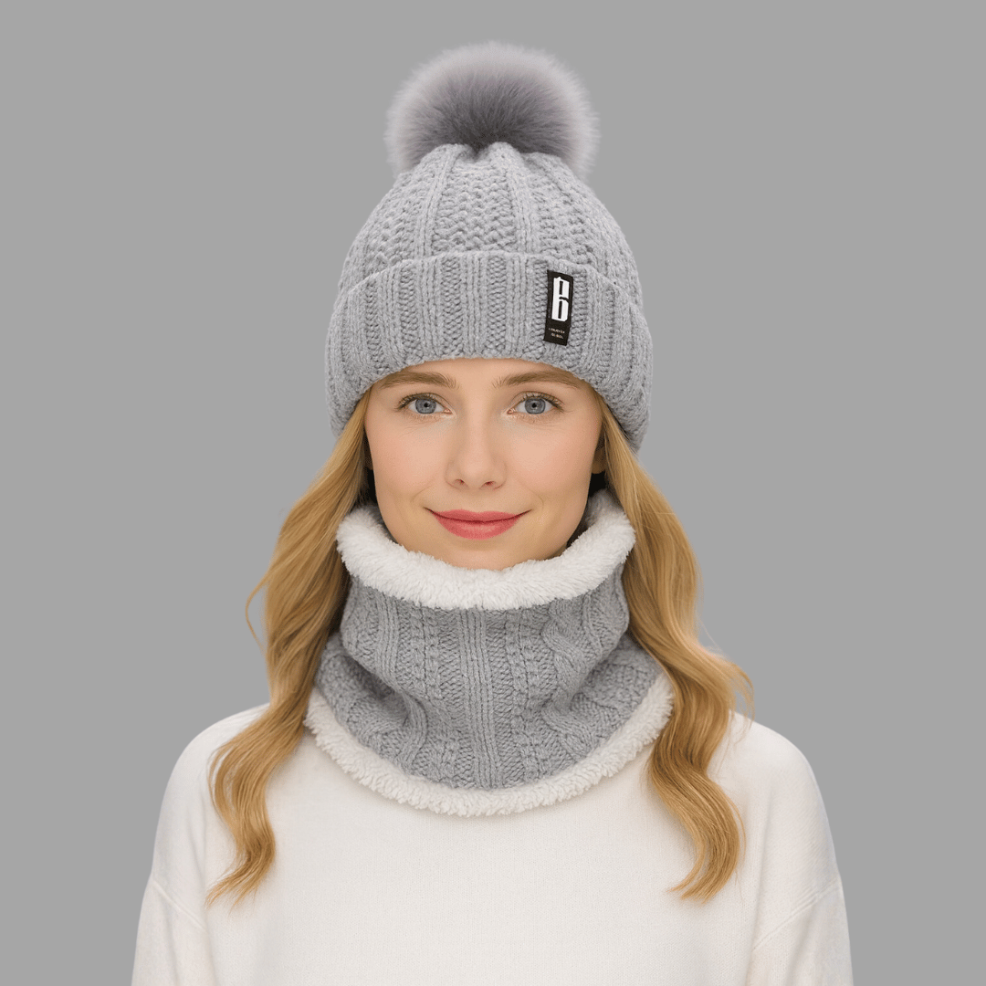 Conjunto Feminino Gola e Touca de Tricô Forrada com Pelúcia