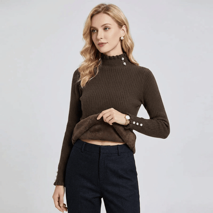 Suéter Feminino Cashmere Canelado com Botões Perolados