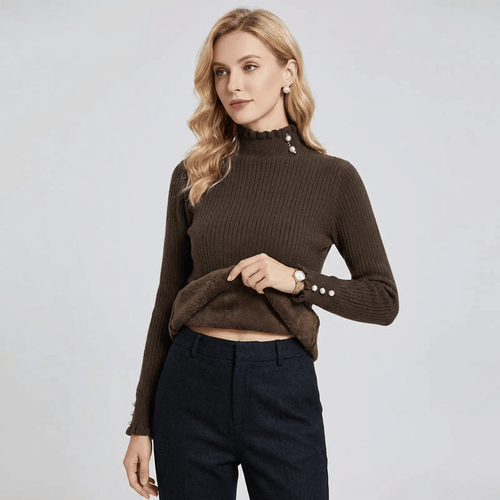 Suéter Feminino Cashmere Canelado com Botões Perolados