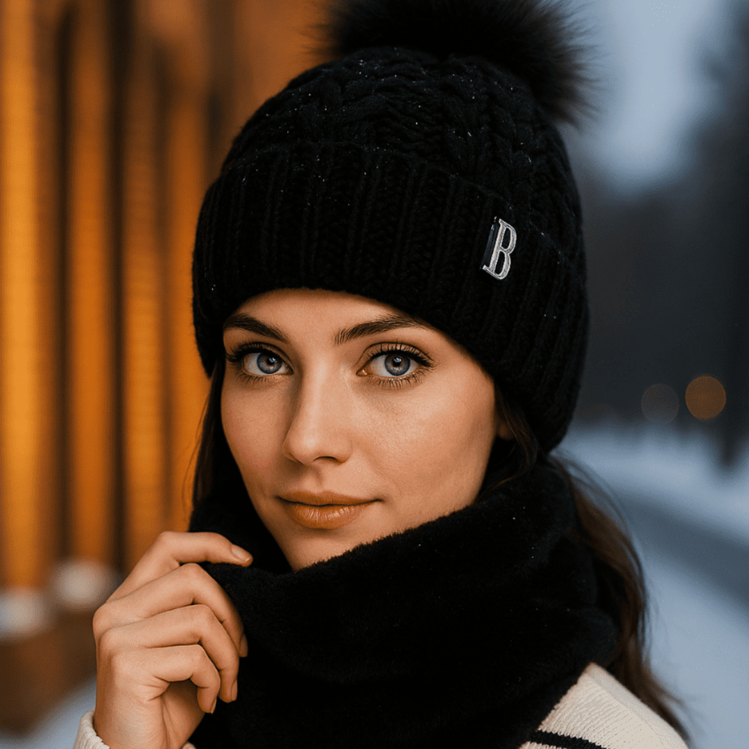 Conjunto Feminino Gola e Touca de Tricô Forrada com Pelúcia